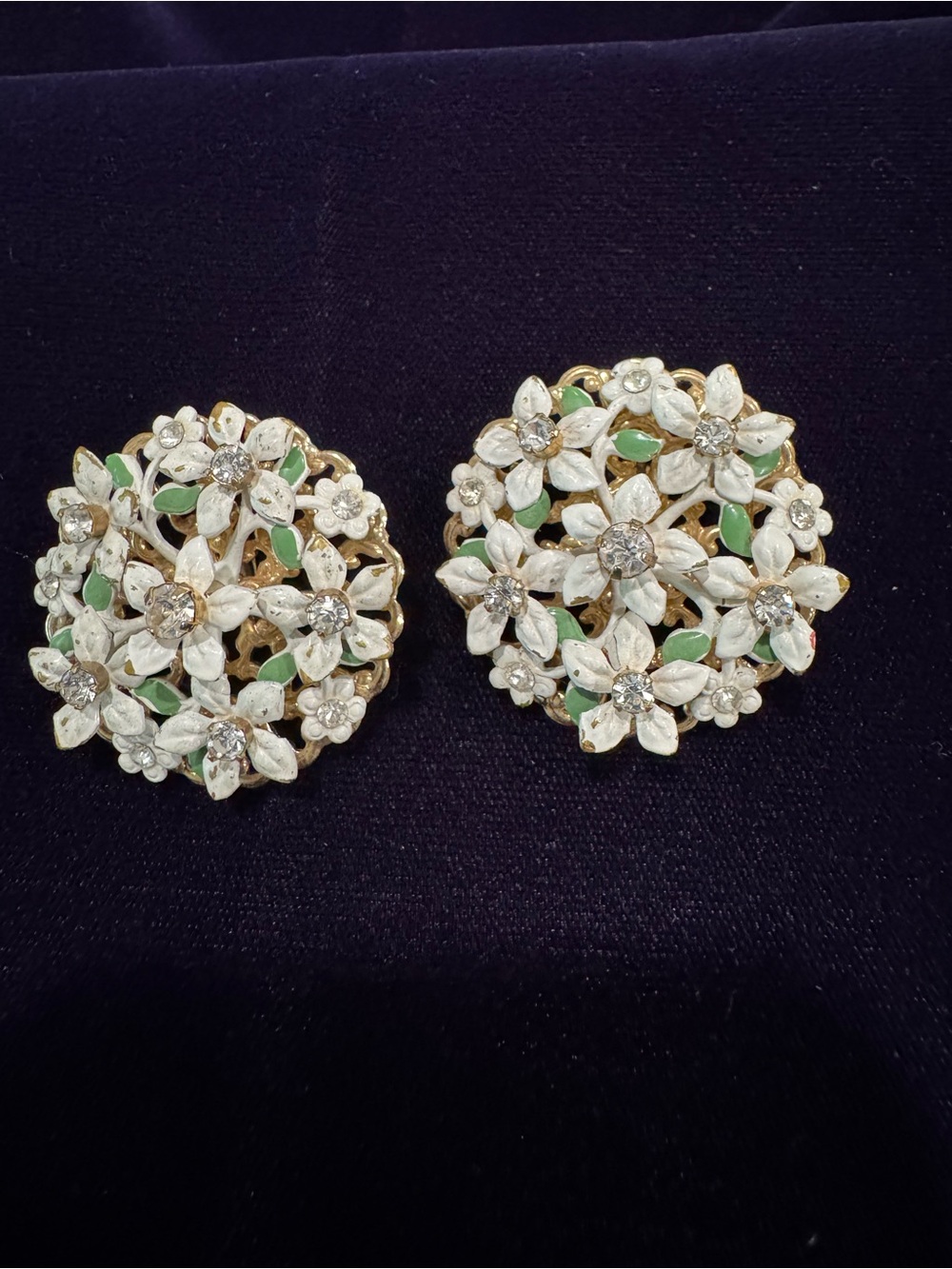 Gold tone Floral Cluster Clip-On Earrings with White and Green Enamel